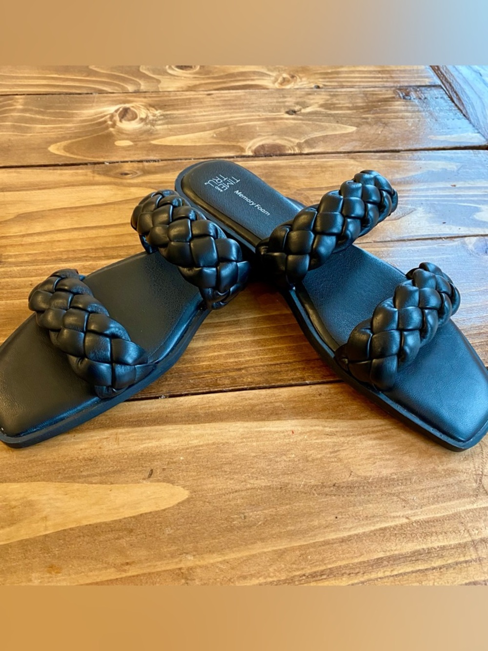 Time and Tru Black Braided Double-Strap Slide Sandals